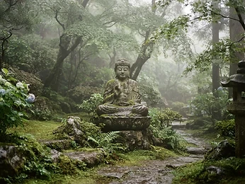 A stone Buddha statue in a misty temple garden