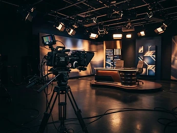 A broadcast camera in a cinematically lit studio
