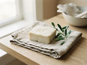 A handmade soap bar on natural linen