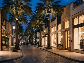 A palm-lined boutique street at twilight