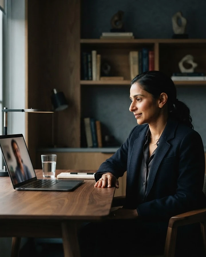 A physician conducting a discreet video consultation from a modern office