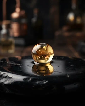 A golden serum droplet suspended on polished obsidian in the laboratory