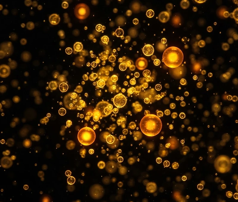 Luminous golden exosome vesicles suspended in dark fluid, macro photography