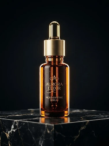 Amber glass Exosome Renewal Serum bottle with gold cap on black marble