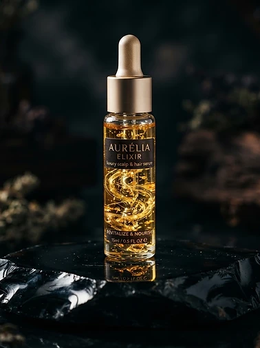 Slim glass Scalp Elixir vial with golden threads on obsidian