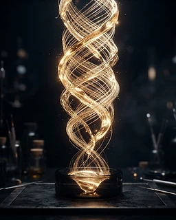 Golden threads and liquid merging into a luminous helix of light