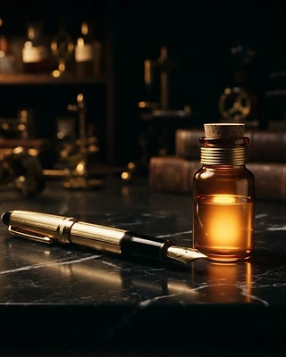A gold fountain pen beside a glowing amber vial on black marble