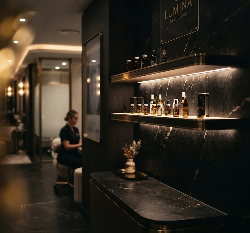 A black marble aesthetic clinic interior lit in warm gold, with illuminated vials