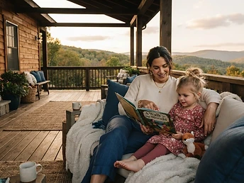 Caregiver reading with a child on a porch