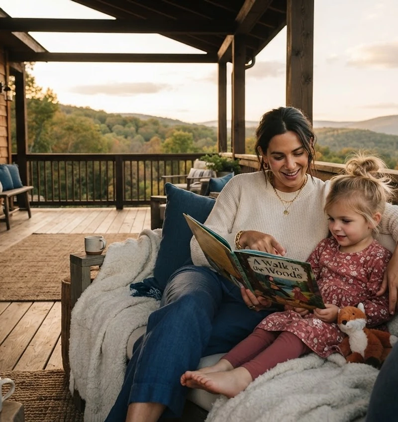 A caregiver reading to a child on a sunny mountain porch