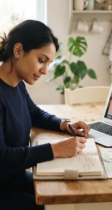 A caregiver planning her week at a bright kitchen table