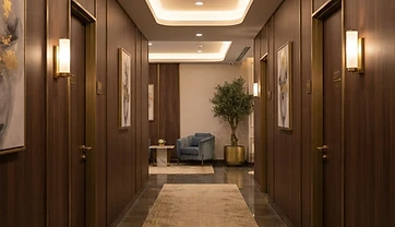 Modern upscale medical clinic hallway with soft light