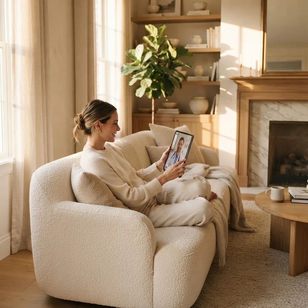 A patient relaxing on a cream sofa in a sunlit living room during a video visit with a doctor