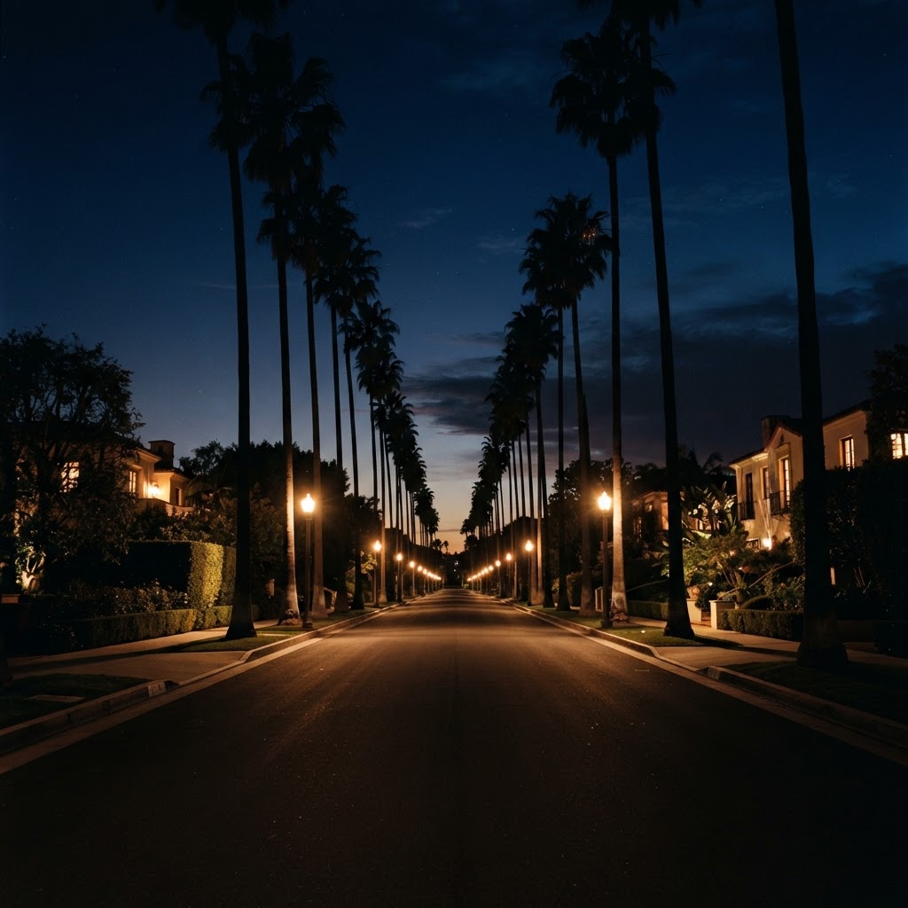 Palm-lined Beverly Hills street at twilight