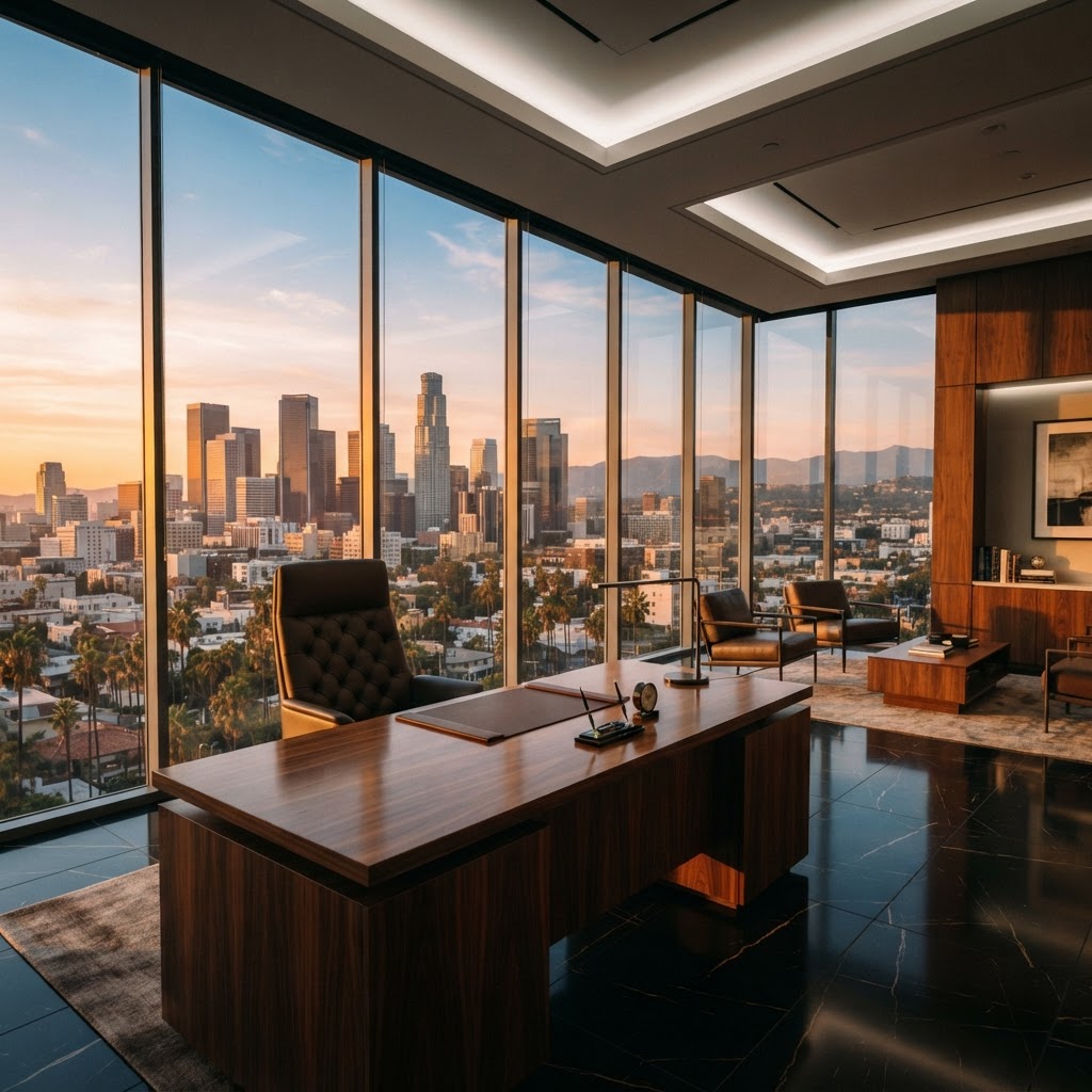 Luxurious high-rise office overlooking the Los Angeles skyline at golden hour
