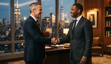 A handshake in a luxury office with a city view