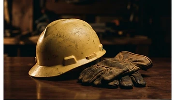 Hard hat and gloves resting on a polished surface