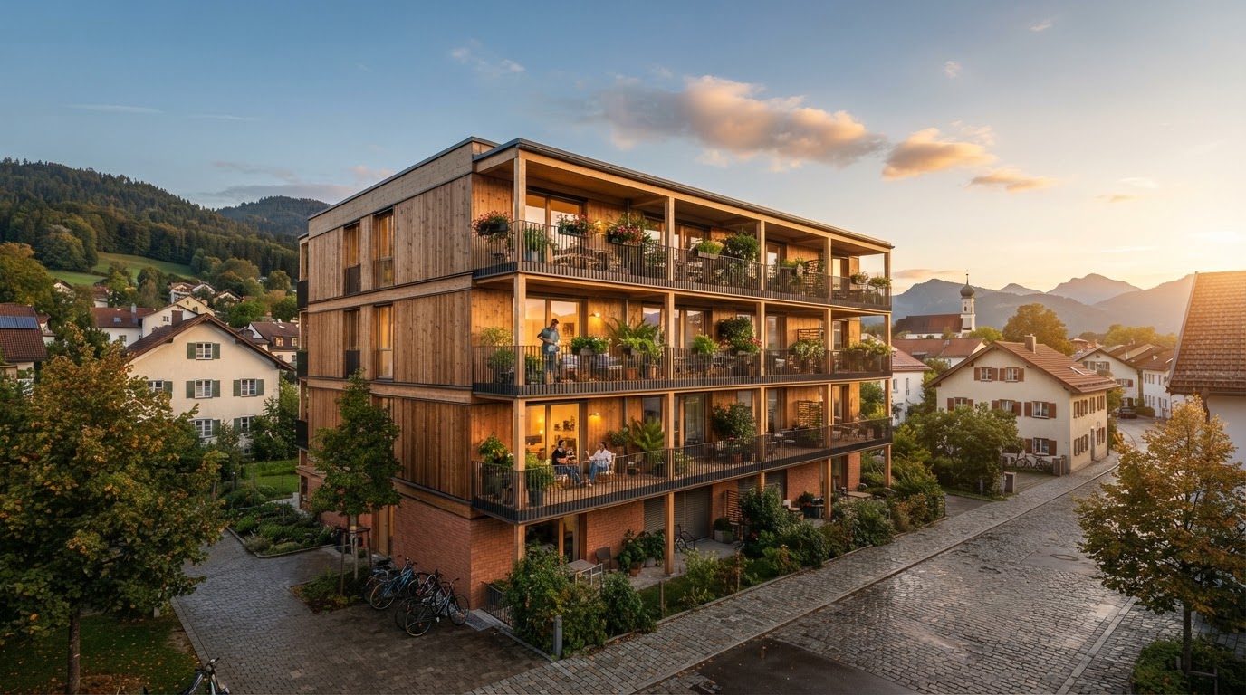 Genossenschaftshaus aus Holz im goldenen Abendlicht