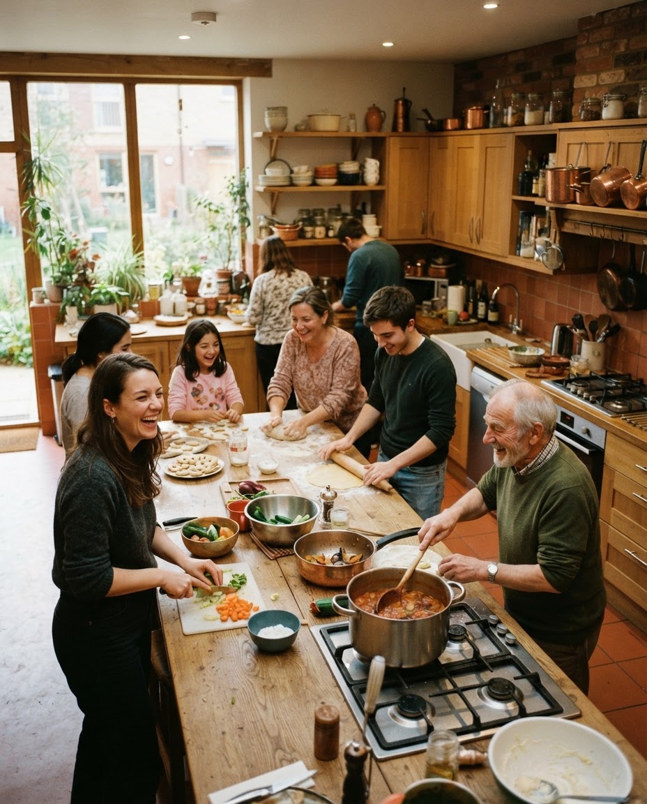 Nachbarn kochen gemeinsam an einem langen Eichentisch
