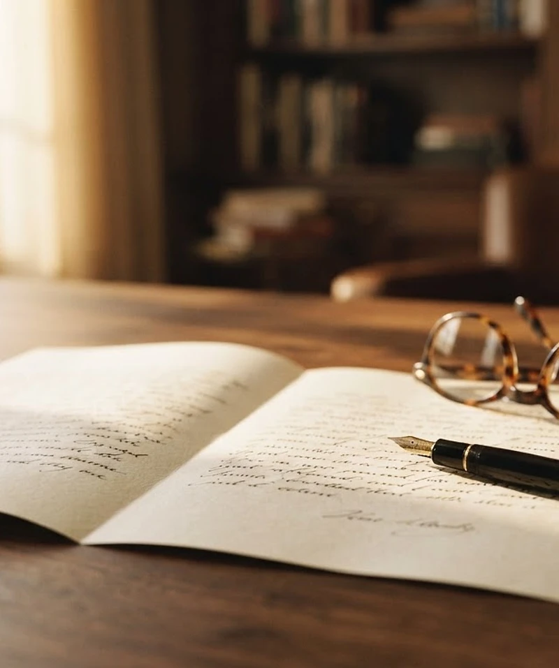 A letter, reading glasses, and a pen on a wooden desk in warm window light