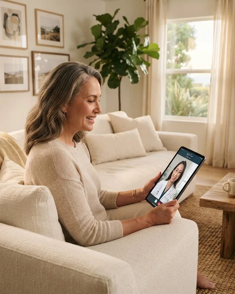 A person relaxing on a cream sofa in a sunlit living room, speaking with a doctor on a tablet