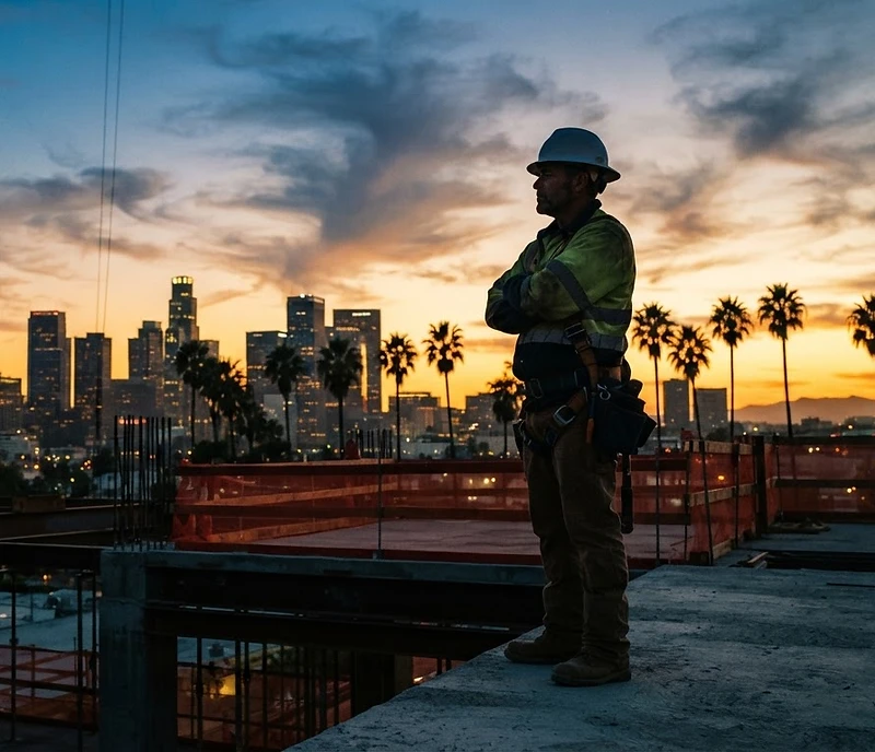 A construction worker in a hard hat standing on a high-rise site at golden hour overlooking the Los Angeles skyline and palm trees