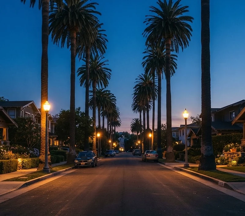 A quiet California neighborhood street lined with palm trees at twilight with warm streetlights