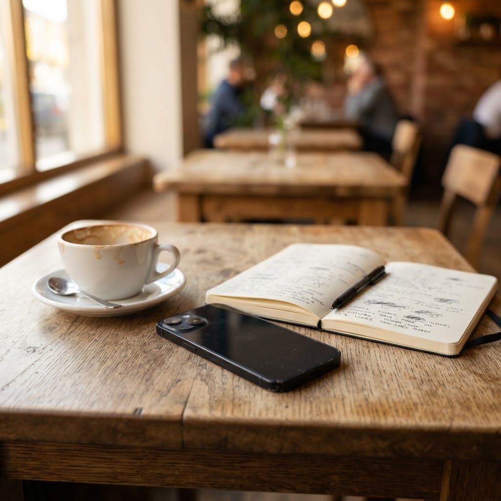 A phone left behind on a cafe table