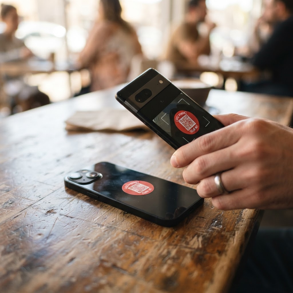 A finder scanning the lost phone's QR sticker
