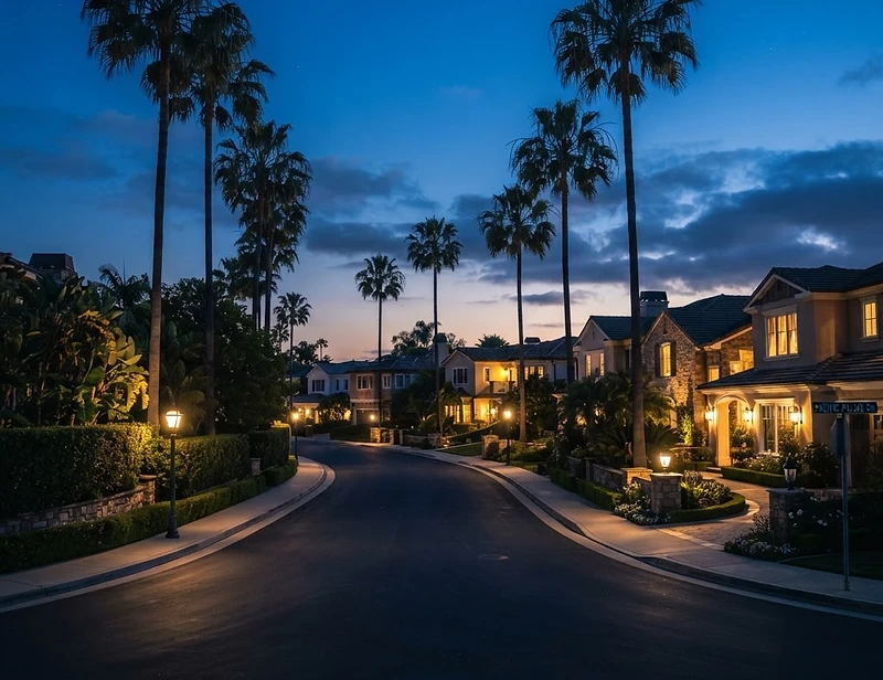 A peaceful palm-lined California street at twilight with warm golden streetlights