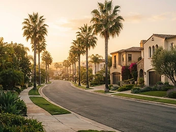 A peaceful palm-lined residential street at golden hour