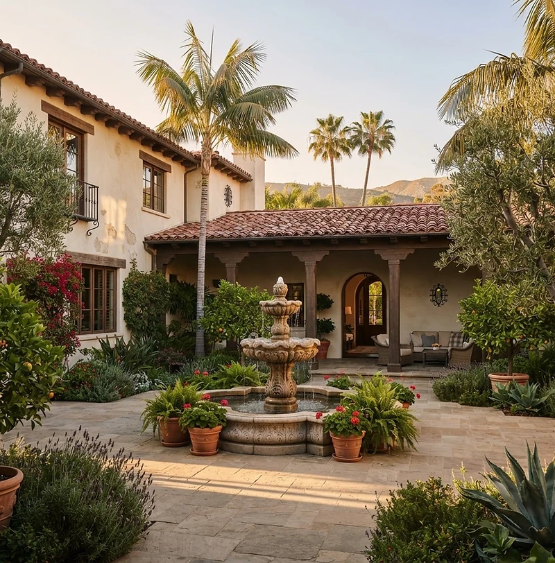 An elegant sunlit Mediterranean-style courtyard in Southern California at golden hour
