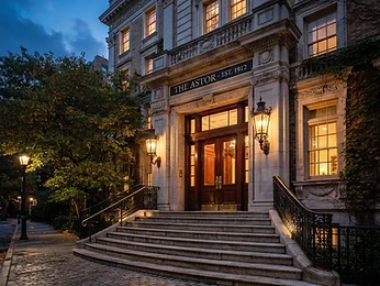 An elegant apartment building entrance at dusk