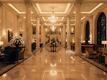 A polished marble hotel lobby with warm light
