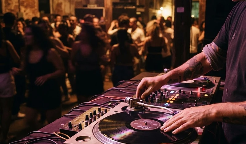 A DJ working the turntables in a crowded nightclub