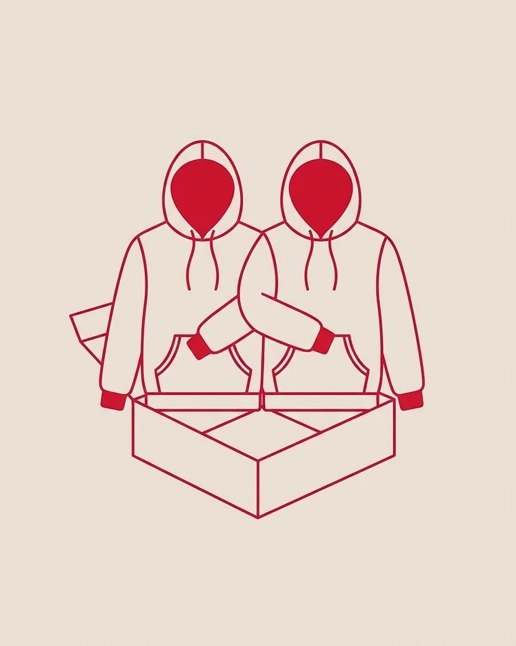 Illustration of two hoodies with overlapping sleeves above a gift box