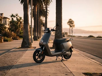 Sleek e-scooter on a palm-lined sidewalk