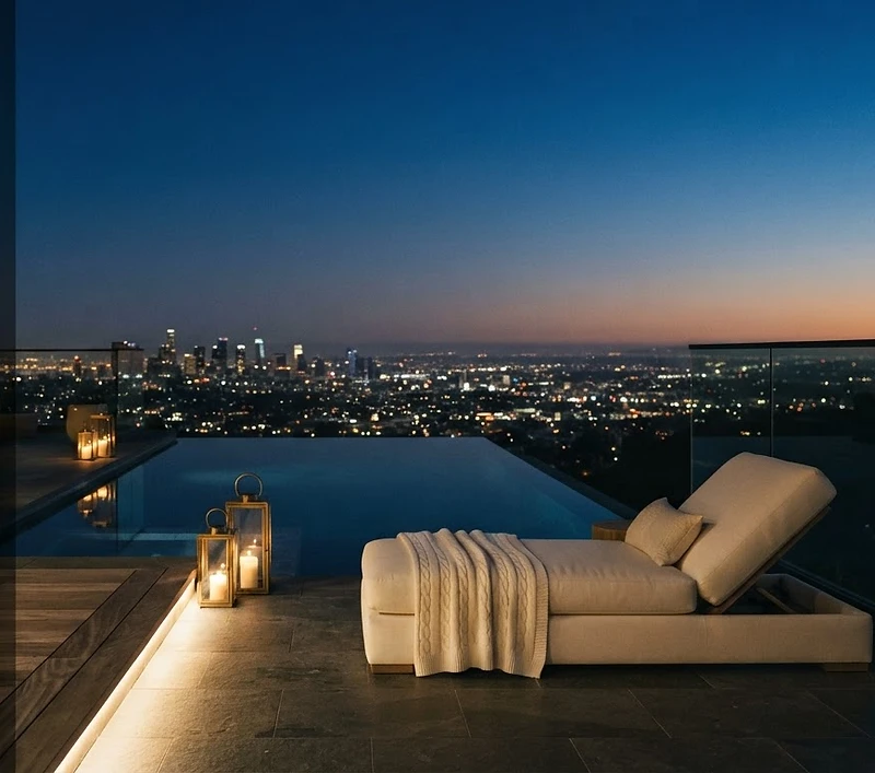A calm Hollywood Hills terrace at blue hour overlooking the lights of Los Angeles