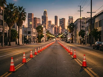 City street with orange cones in evening light