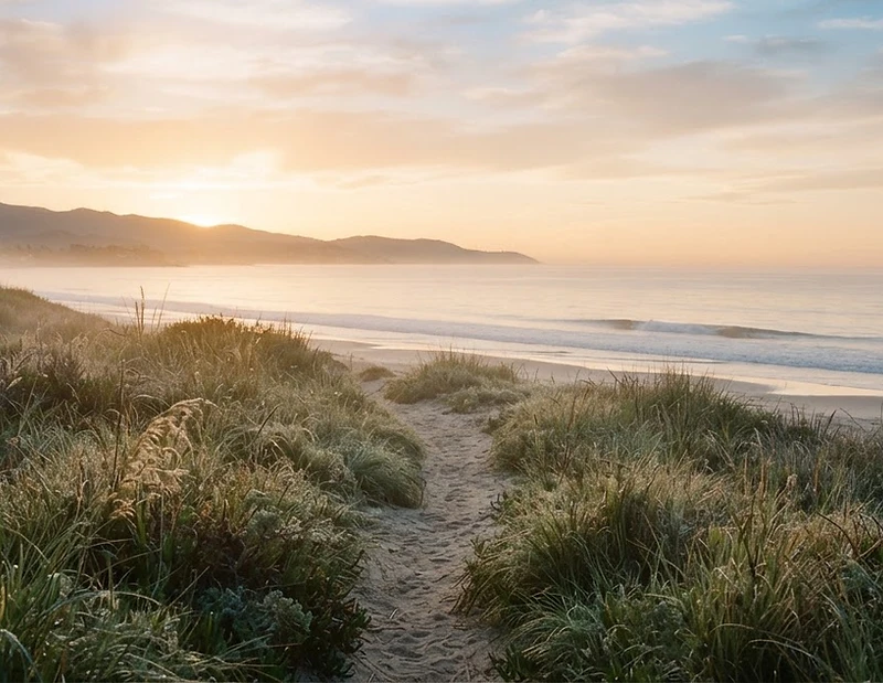 A quiet Malibu beach path at sunrise