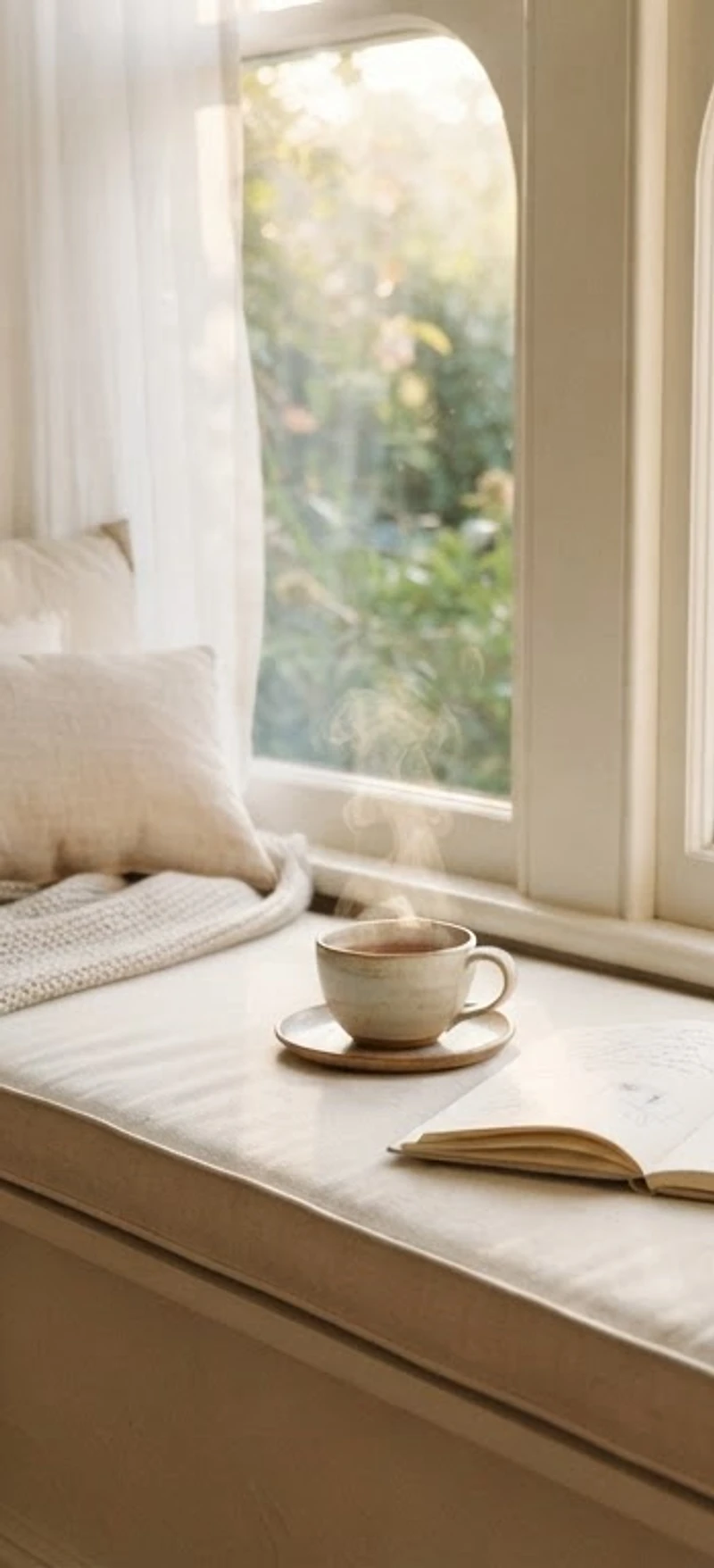 A sunlit reading nook with tea and a notebook