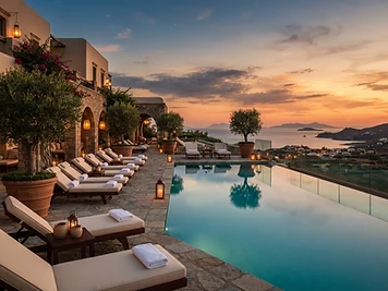 Elegant hotel pool terrace at sunset