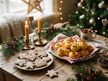 Lussekatter and pepparkakor for Saint Lucia morning.