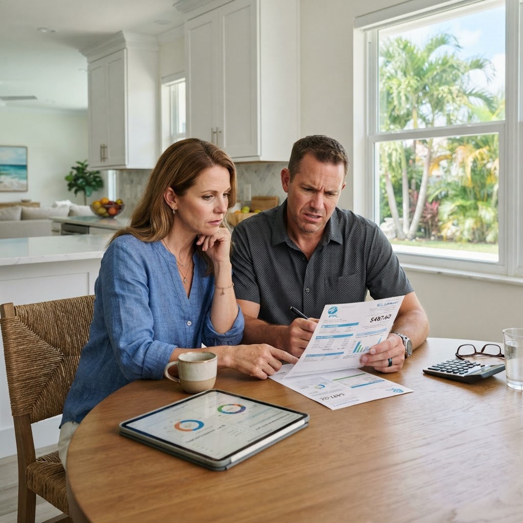 Florida homeowners reviewing a high electric bill