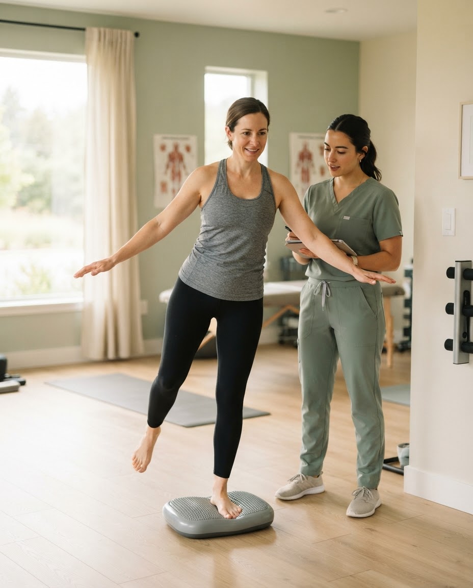 An adult doing a guided balance exercise
