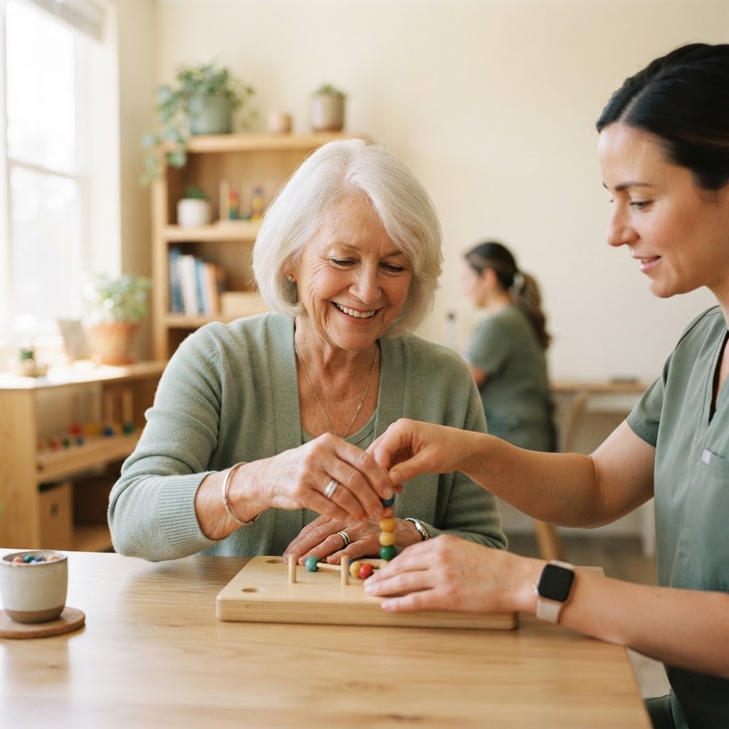 Occupational therapist guiding an older adult in a fine-motor activity