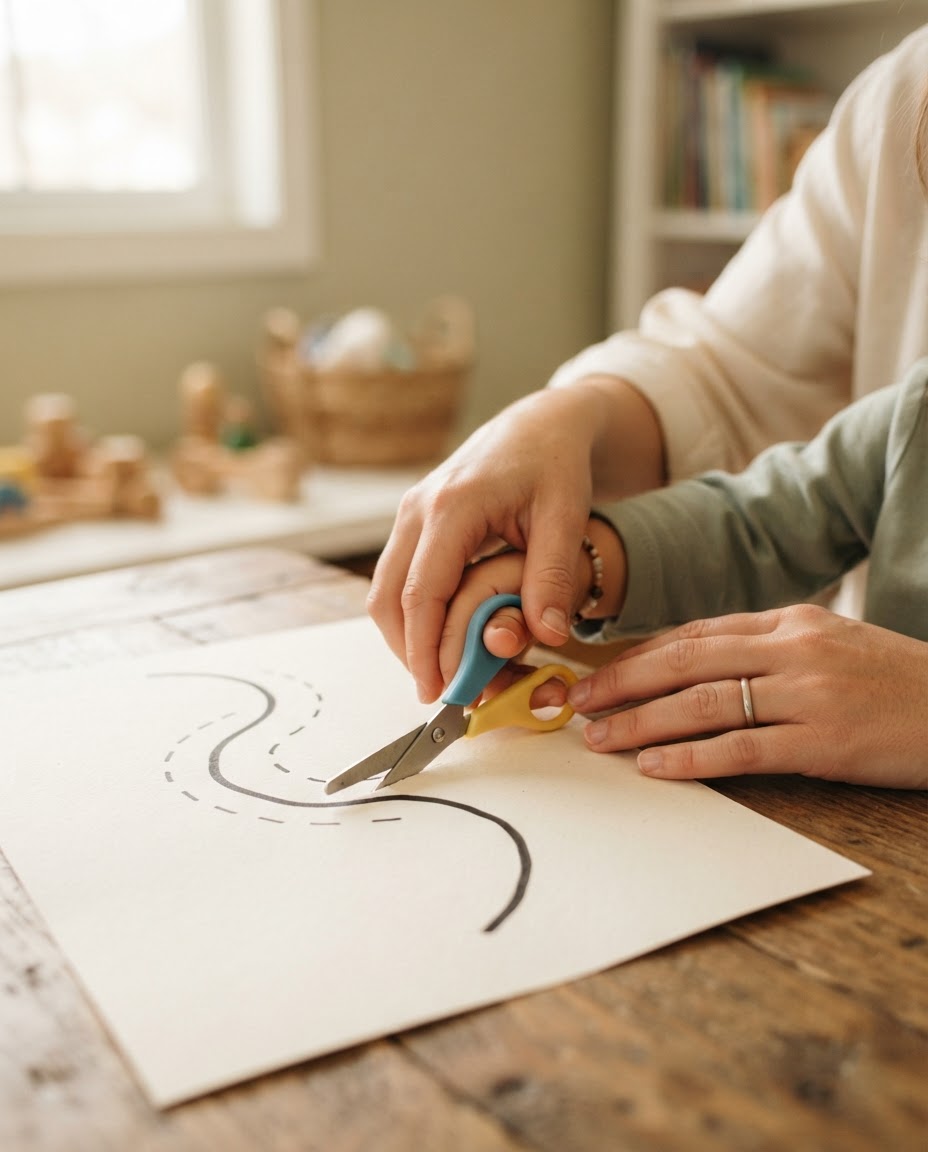 A child's hands cutting paper with scissors, guided by a therapist