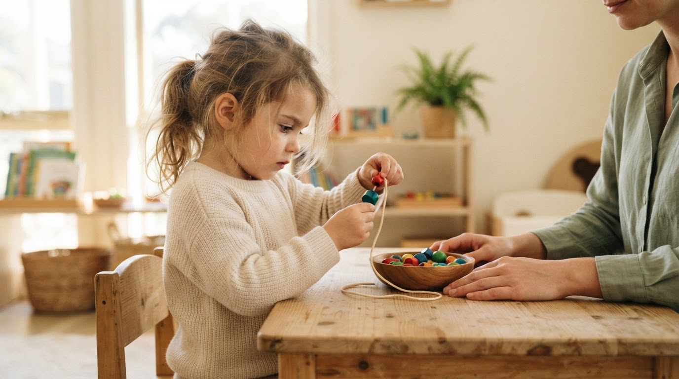 A child threading wooden beads during an occupational therapy session