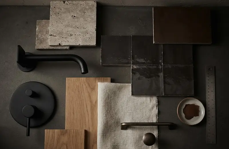 Close-up mood board of modern organic design materials: matte black fixtures, tile, wood, and plaster surfaces