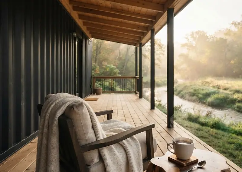 A wider porch view of a container home with an armchair, blanket and a steaming cup of coffee on a side table, overlooking a small creek on a bright morning